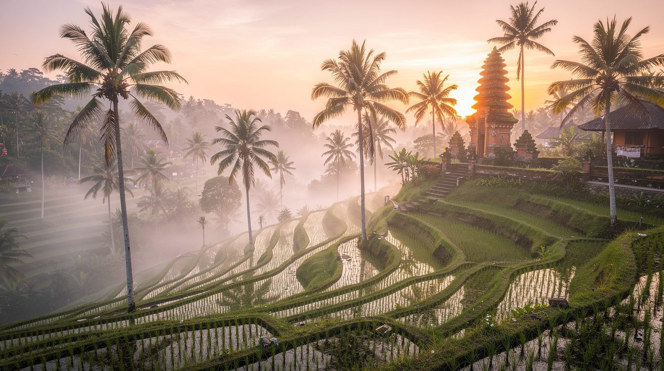 bali meditation retreat setting in Ubud rice terraces at sunrise