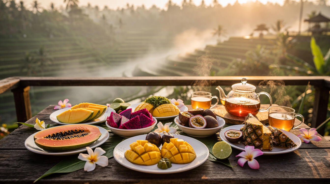 tropical breakfast overlooking rice terraces Ubud morning