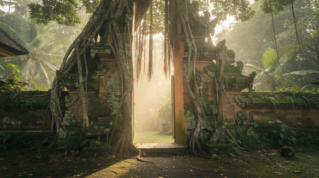 ancient Balinese temple gate banyan tree Ubud