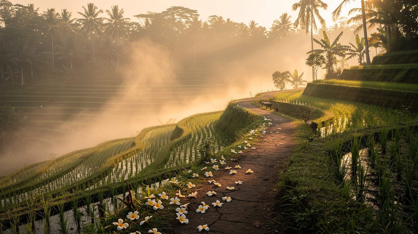 Ubud rice terraces morning mist pathway