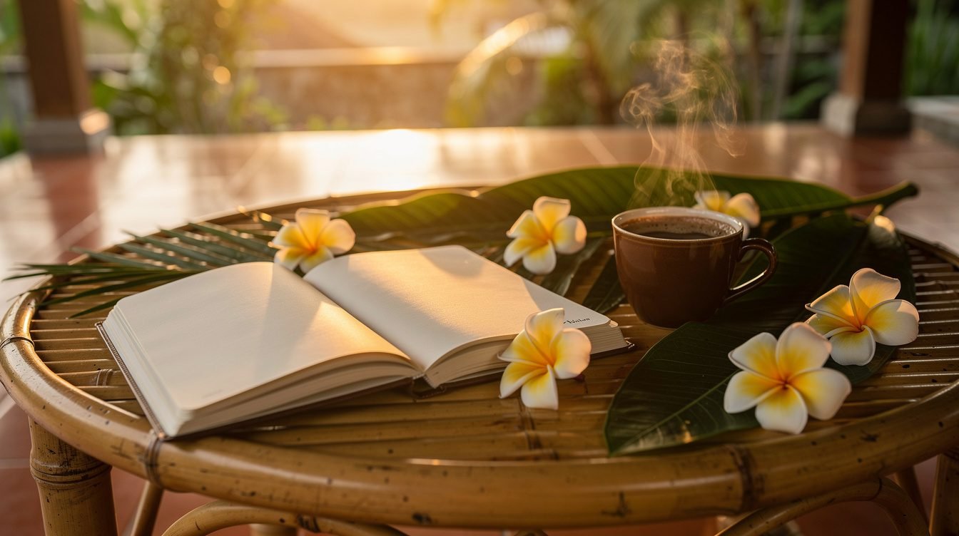Journal and coffee on bamboo table Bali sunset