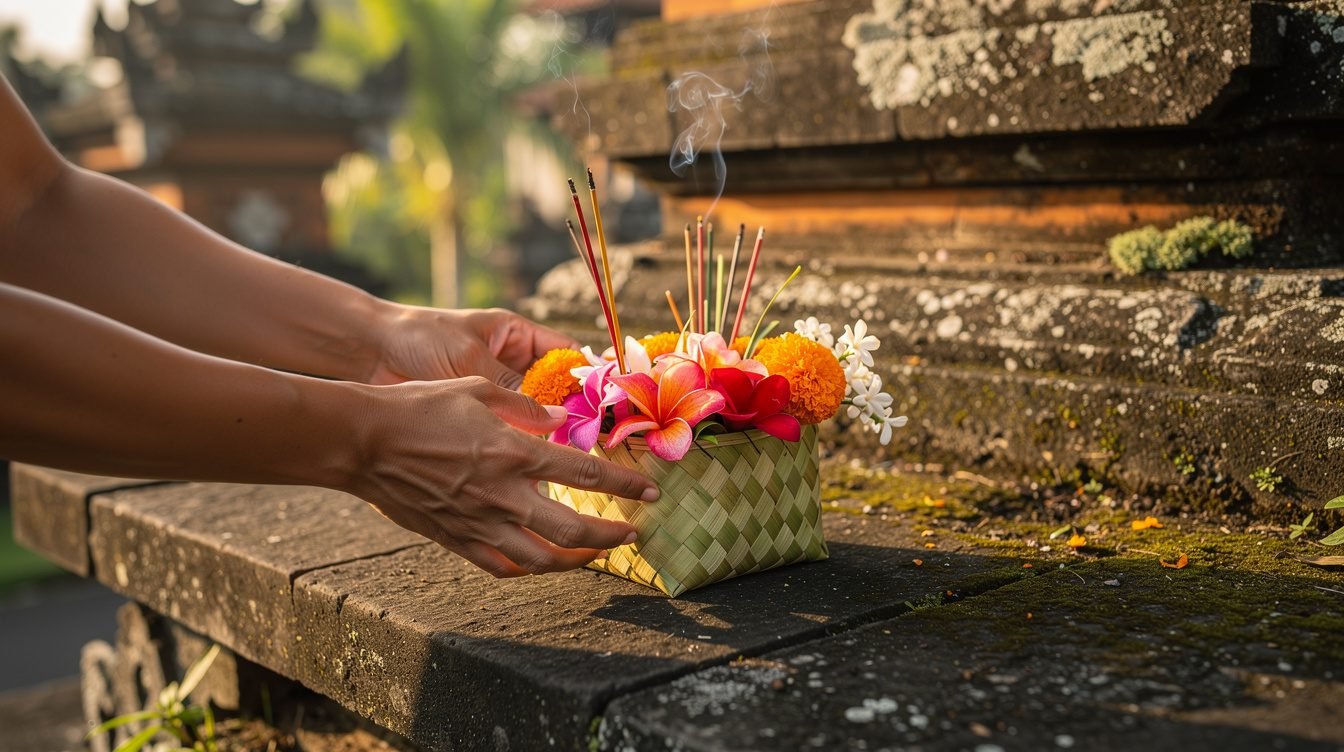 Traditional Balinese canang sari offering on temple step