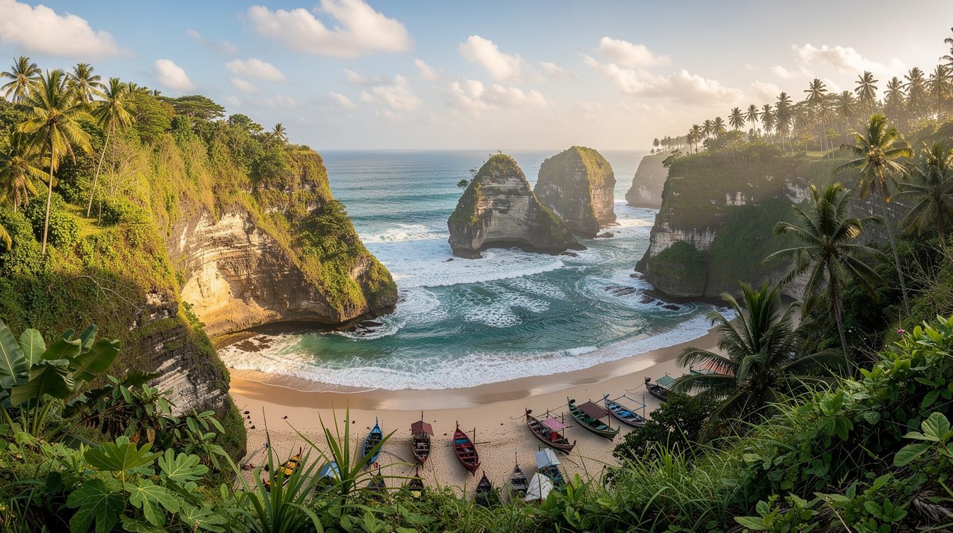 Panoramic Bali coastline with turquoise ocean and tropical vegetation