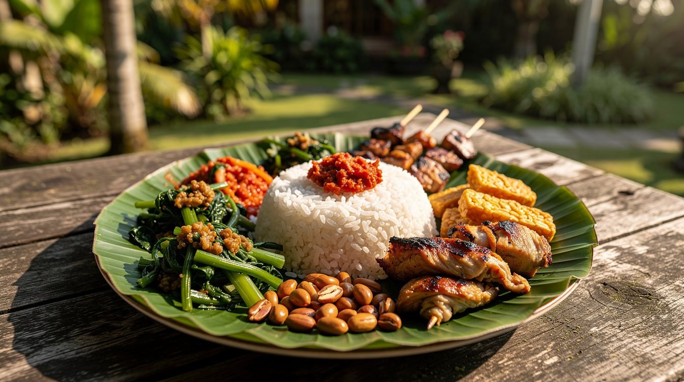 Balinese nasi campur on banana leaf traditional food
