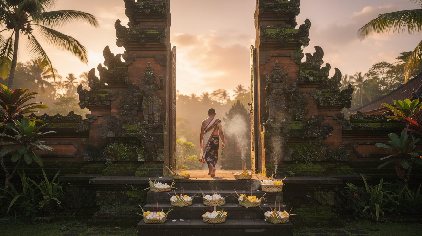 Balinese Hindu temple split gate at golden hour with offerings