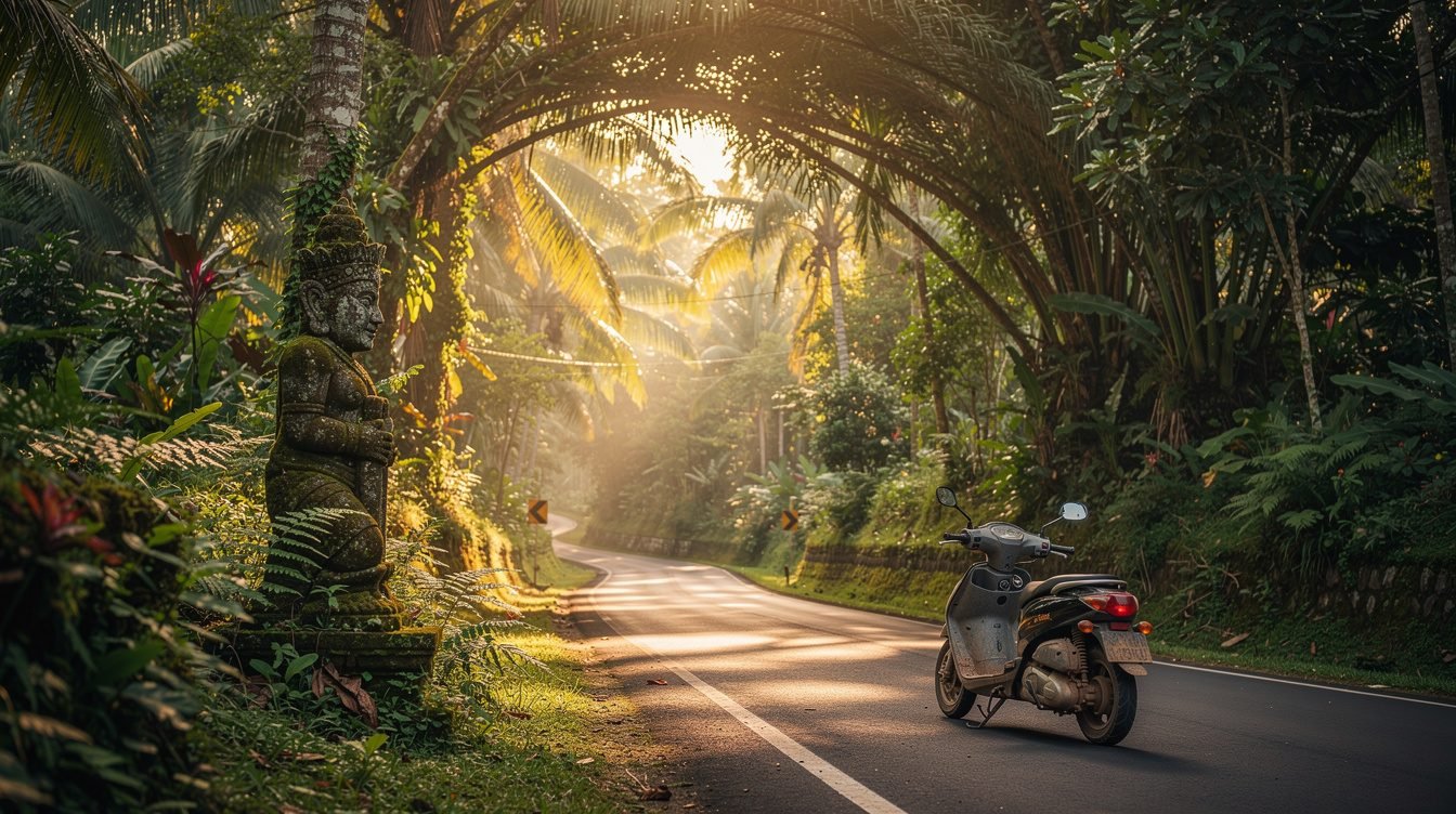 Winding road through Bali tropical forest