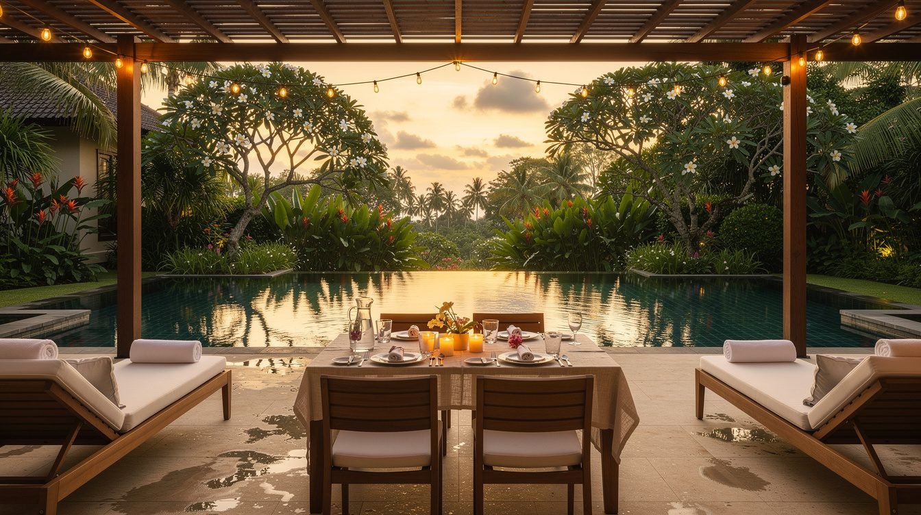 Tropical Bali villa pool deck evening with garden lights