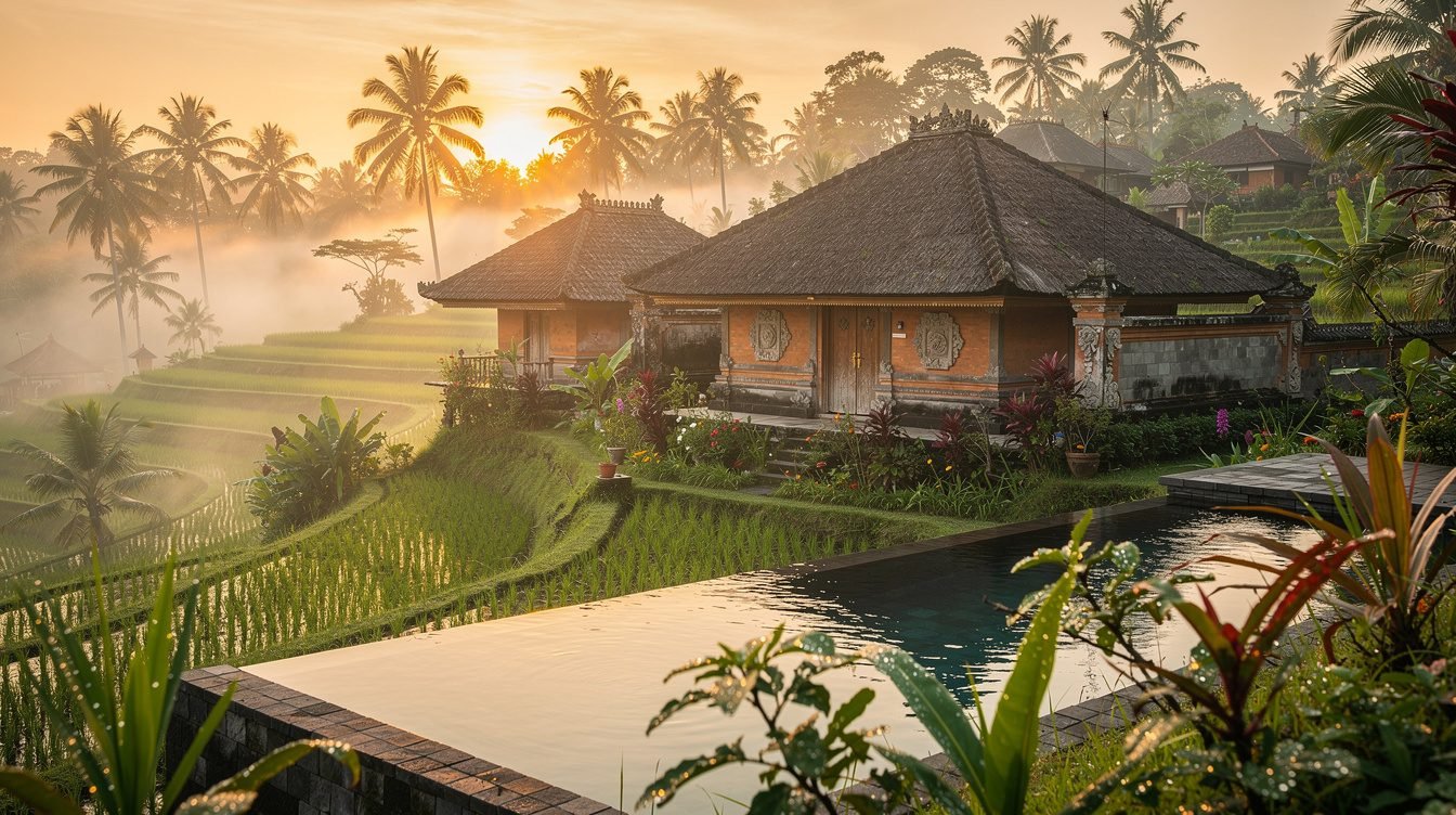 Ubud rice terraces morning mist with traditional Balinese villa