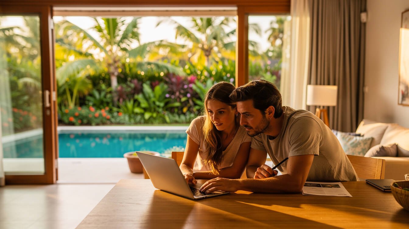 couple planning their bali villa rental on laptop in tropical setting