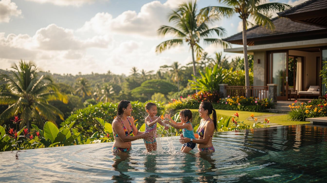 family enjoying private pool at a bali villa rental