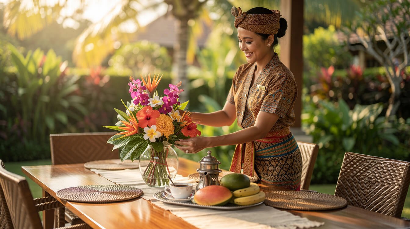 Balinese villa staff arranging fresh flowers at a bali villa rental