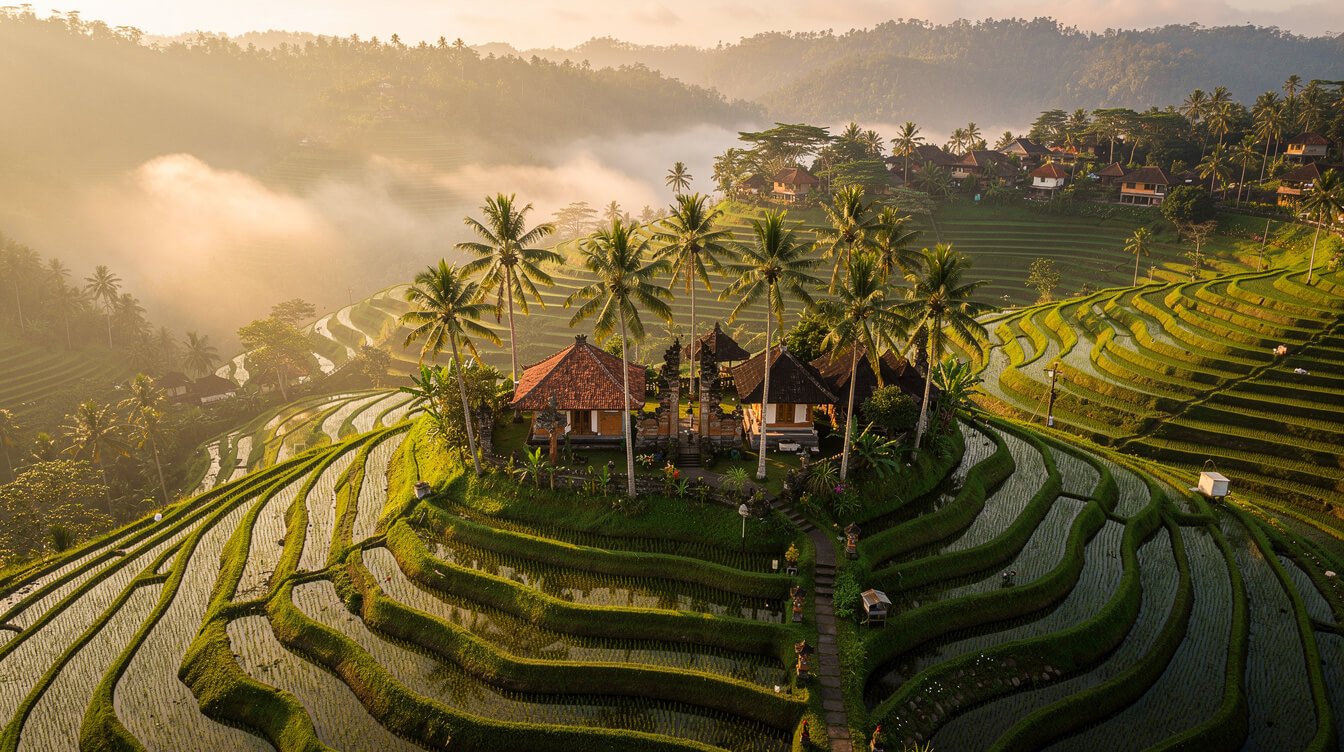 aerial view of Ubud Bali villa among rice terraces