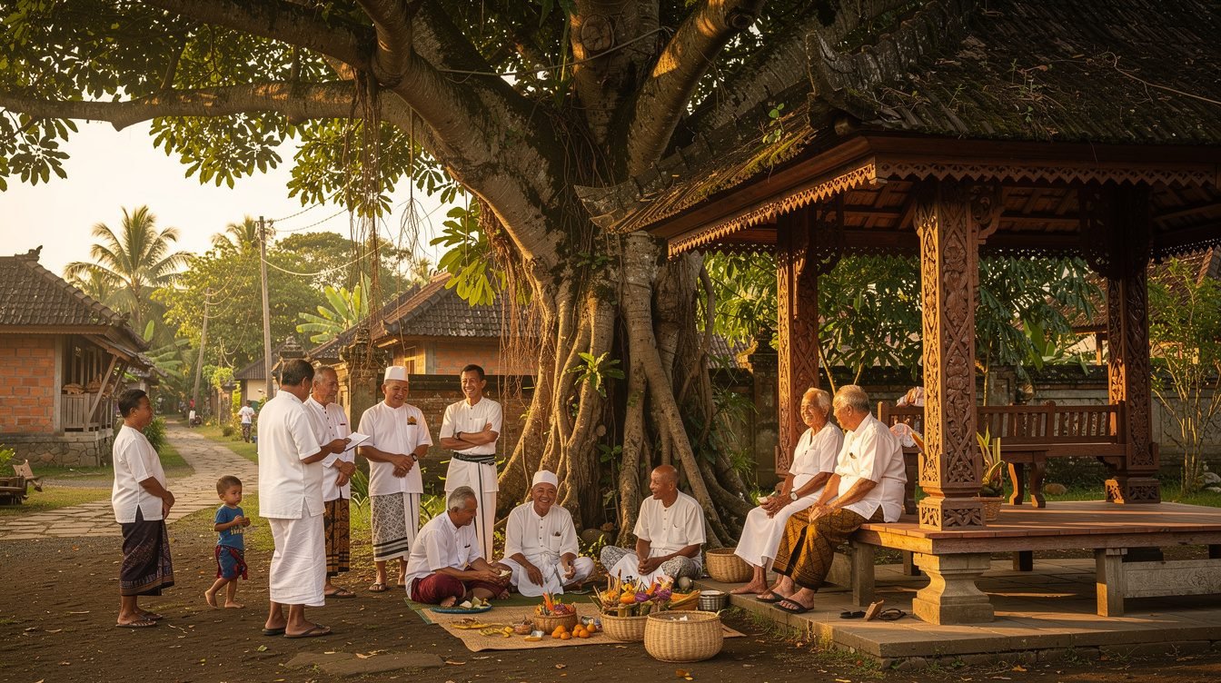 Balinese village community gathering at the banjar pavilion