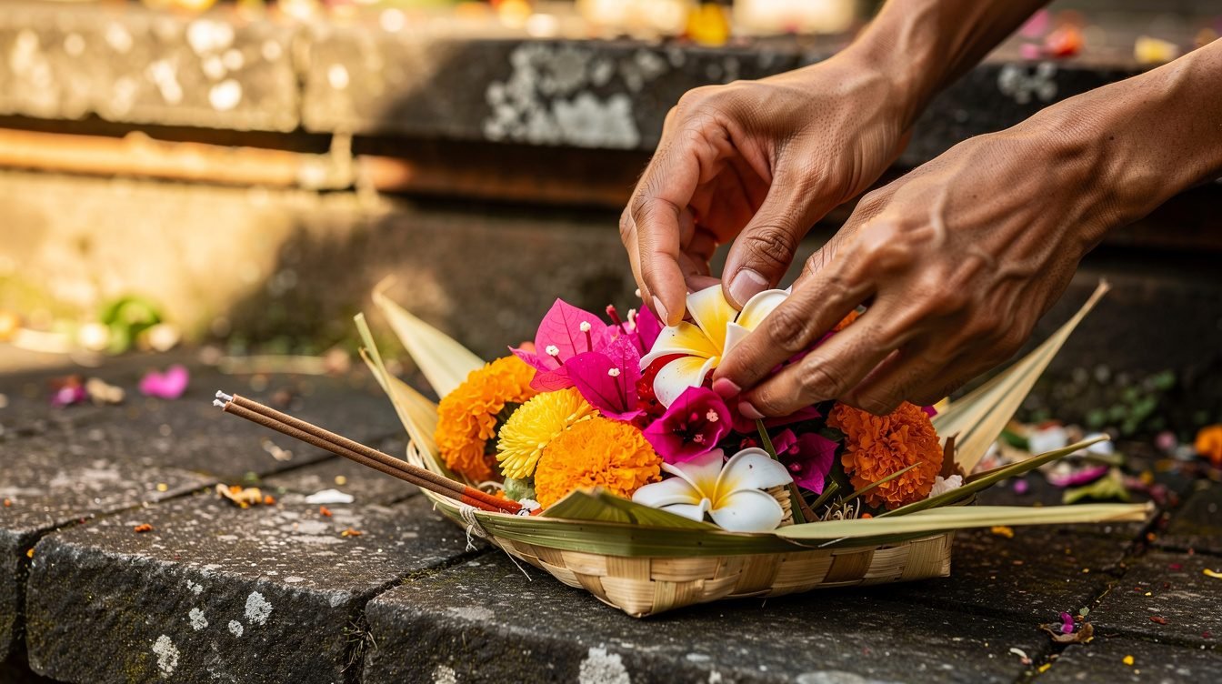 Balinese canang sari daily offering with flowers and incense