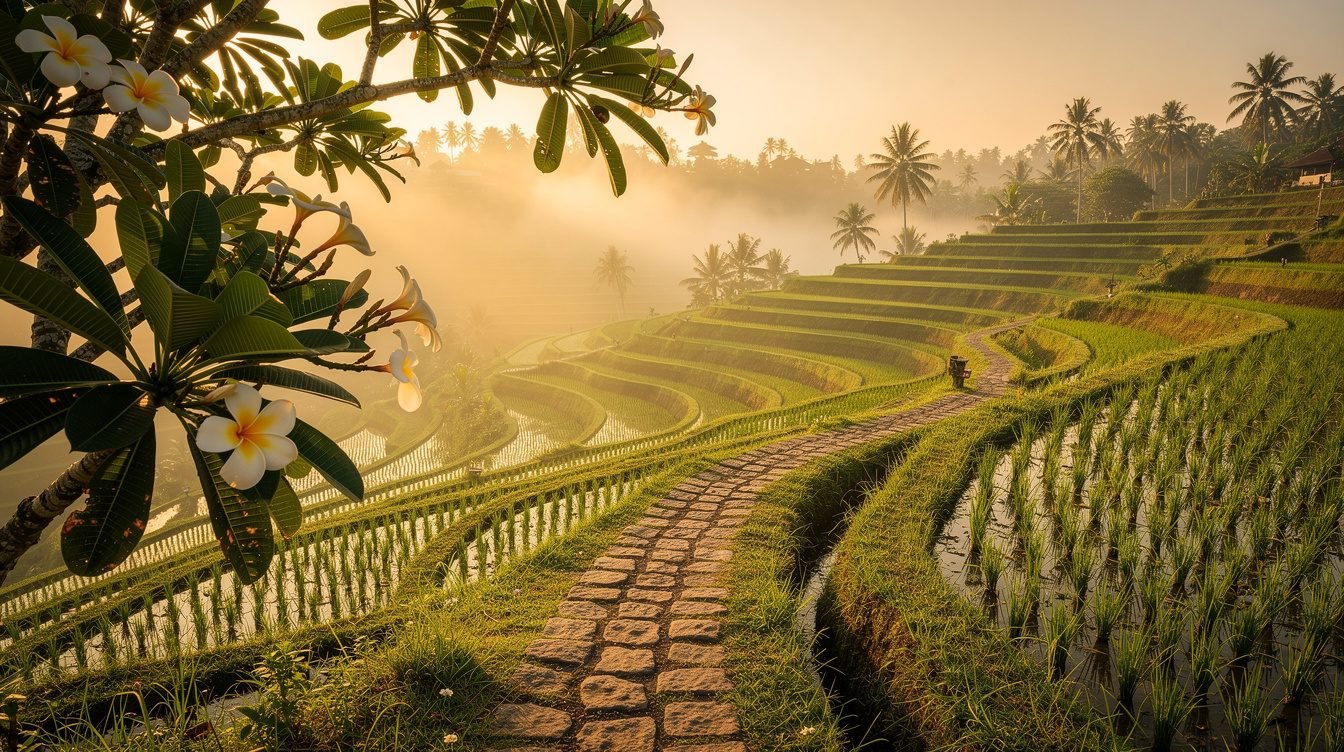 Ubud rice terraces morning mist