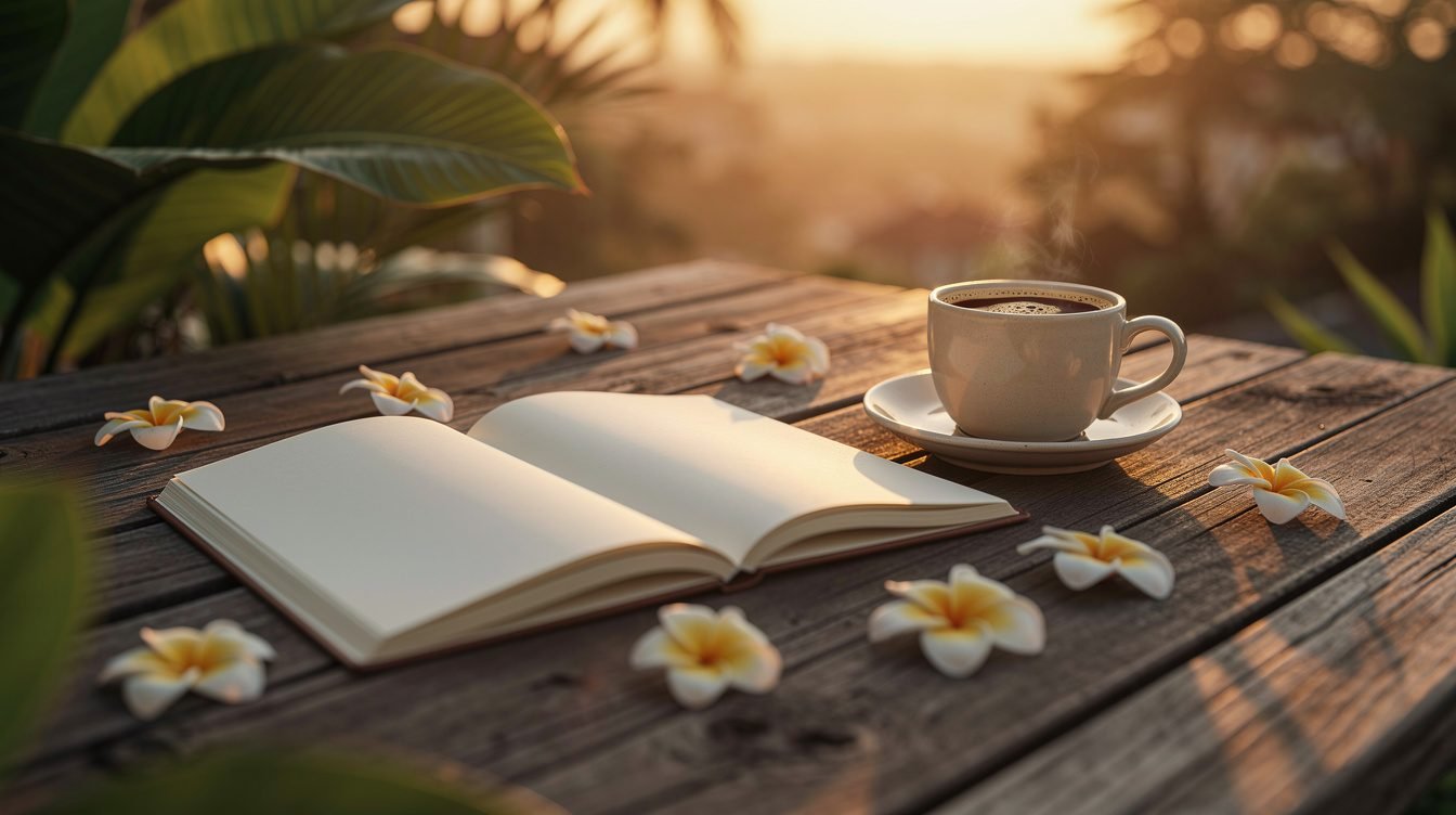 Notebook and coffee on Bali villa deck