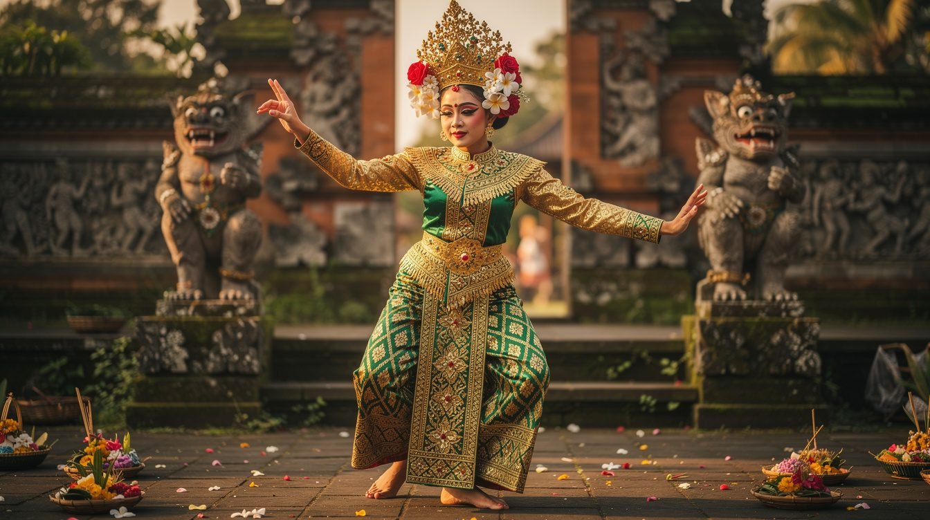 Balinese traditional Legong dancer performing at temple ceremony