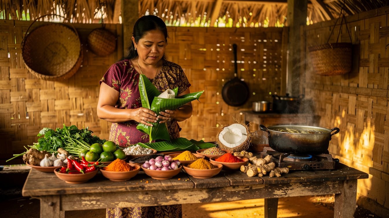 Balinese woman preparing traditional food with fresh spices