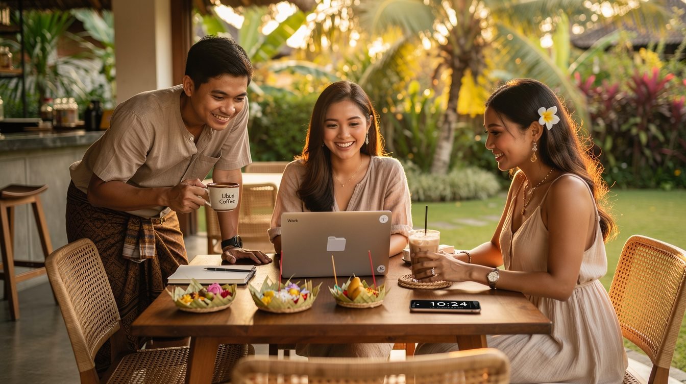 Young Balinese people at a modern café in Ubud blending tradition and contemporary life