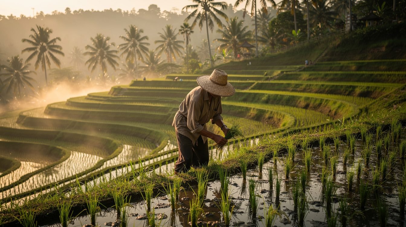 Balinese farmer tending green rice terraces in Ubud