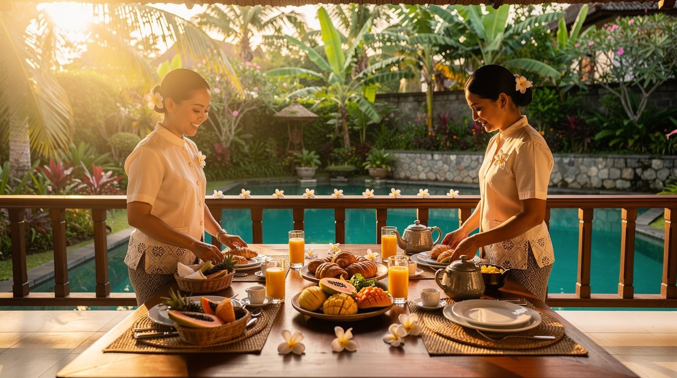 Balinese villa staff preparing tropical breakfast on terrace