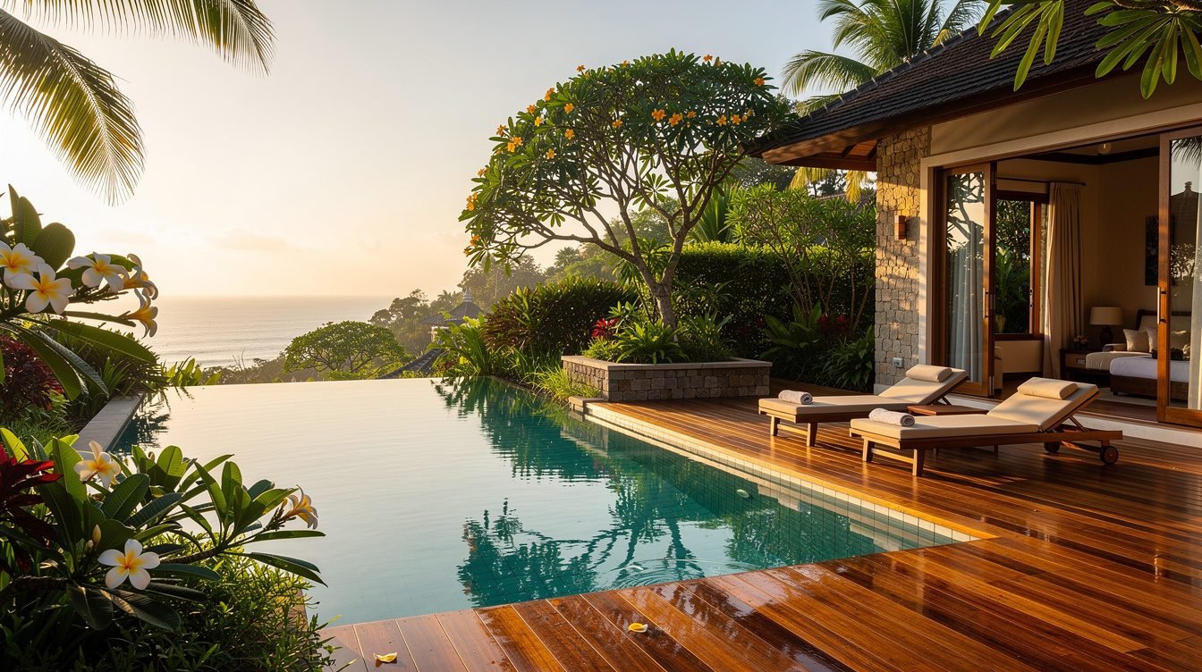 Private infinity pool at a Bali villa at golden hour