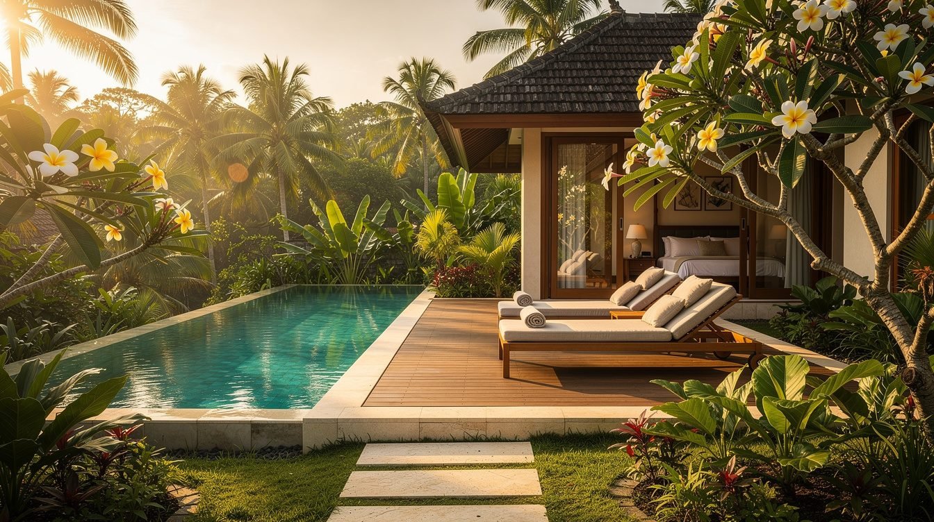 Villa Amrita private pool deck with tropical garden