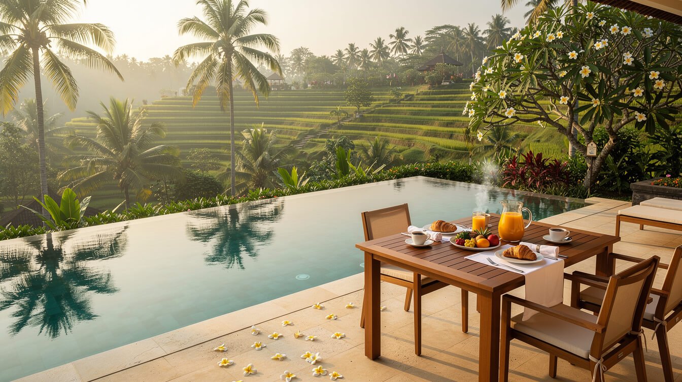 Villa Amrita pool deck with tropical garden