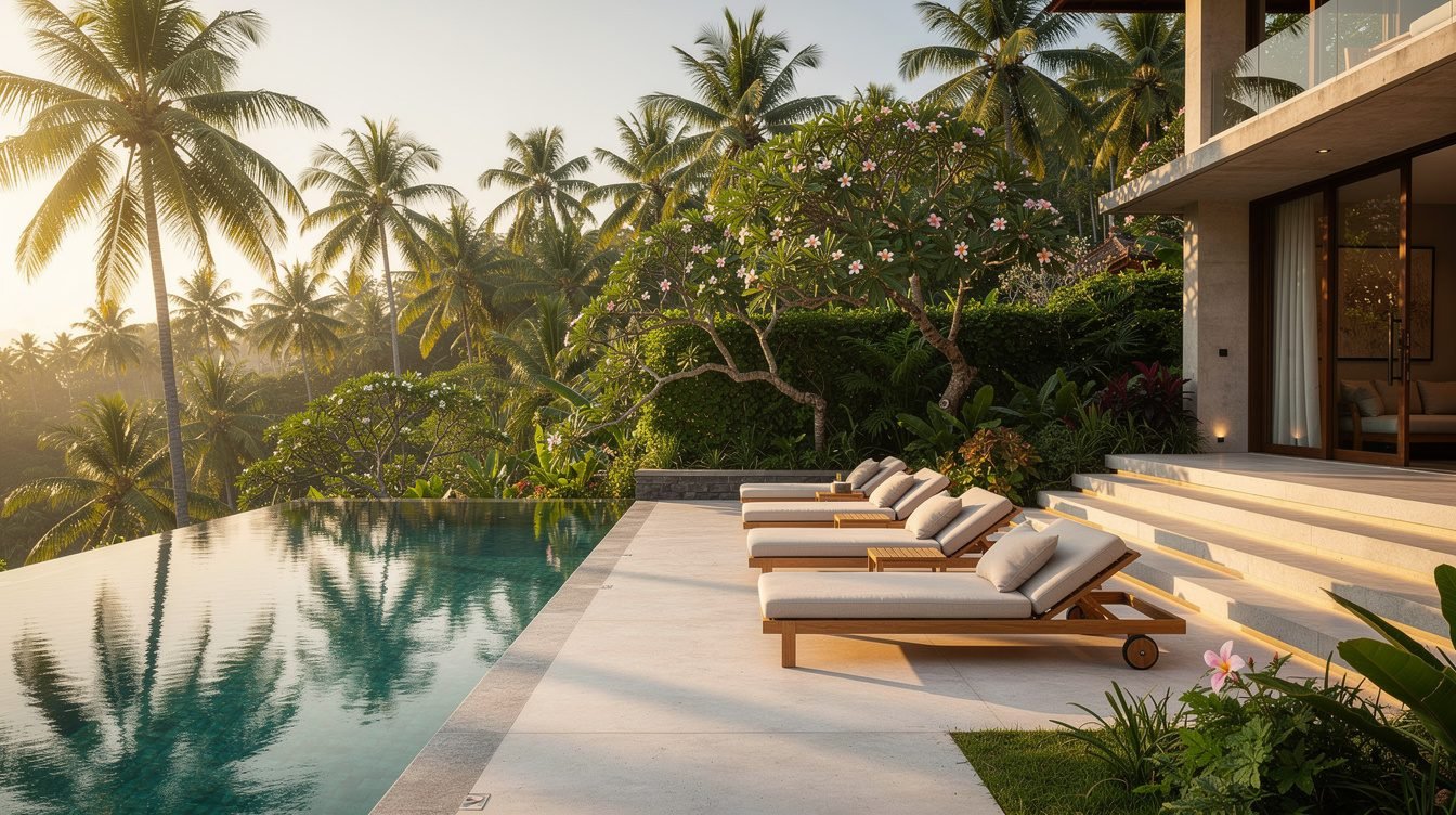 Villa pool deck in Ubud with tropical garden