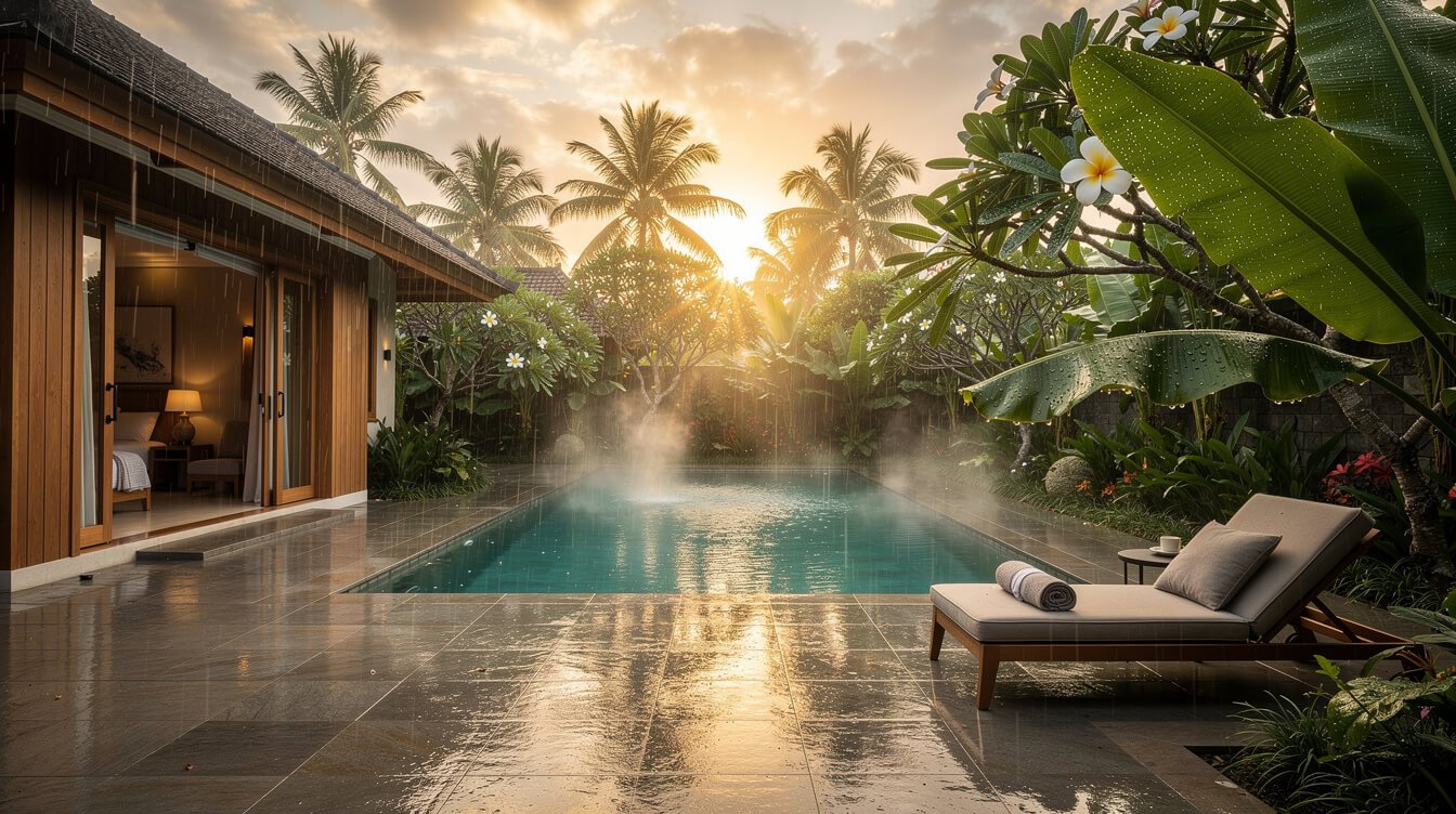 Villa Amrita pool deck after afternoon rain with steam rising from warm stone