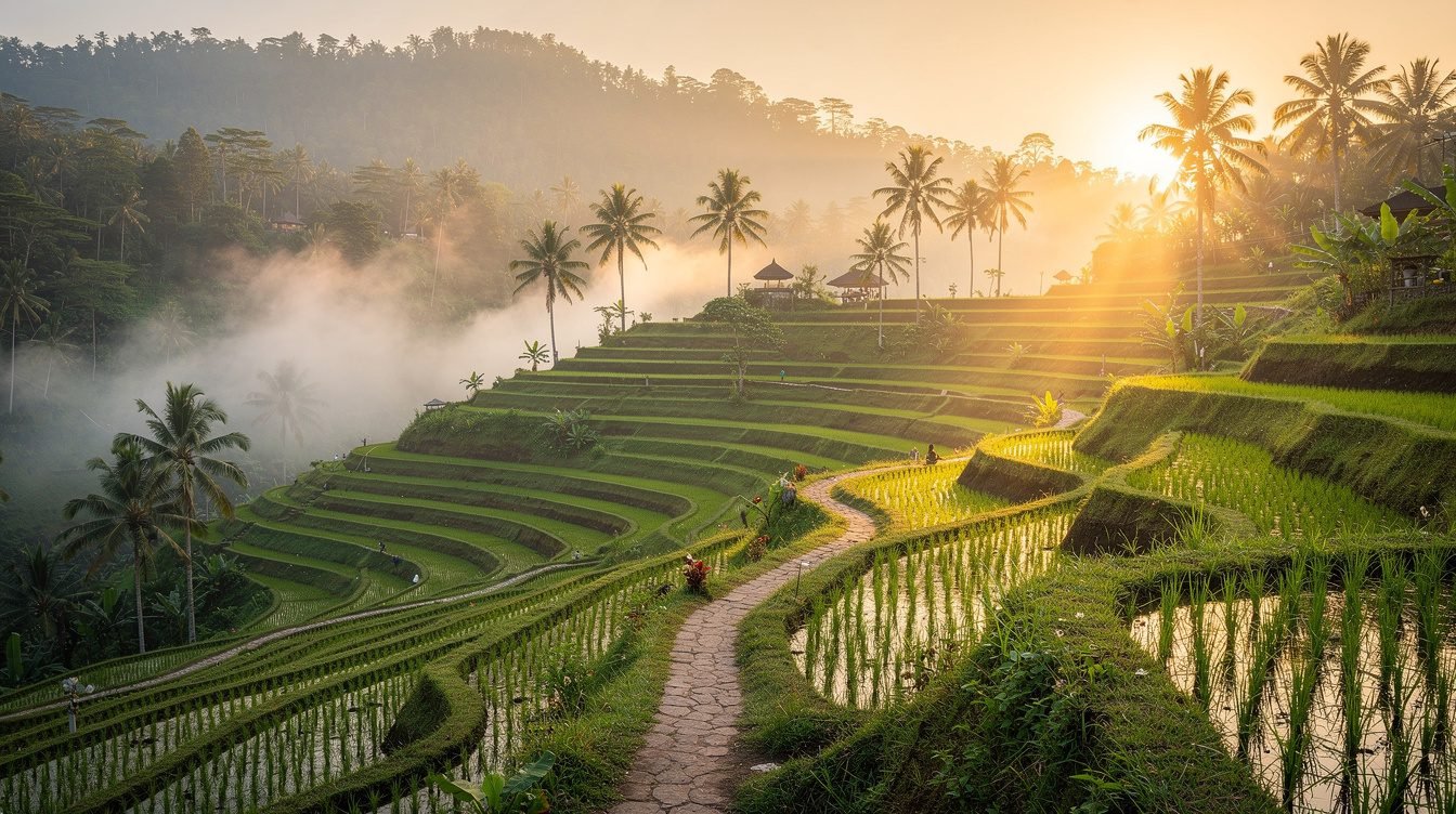 Ubud rice terraces at sunrise with golden mist