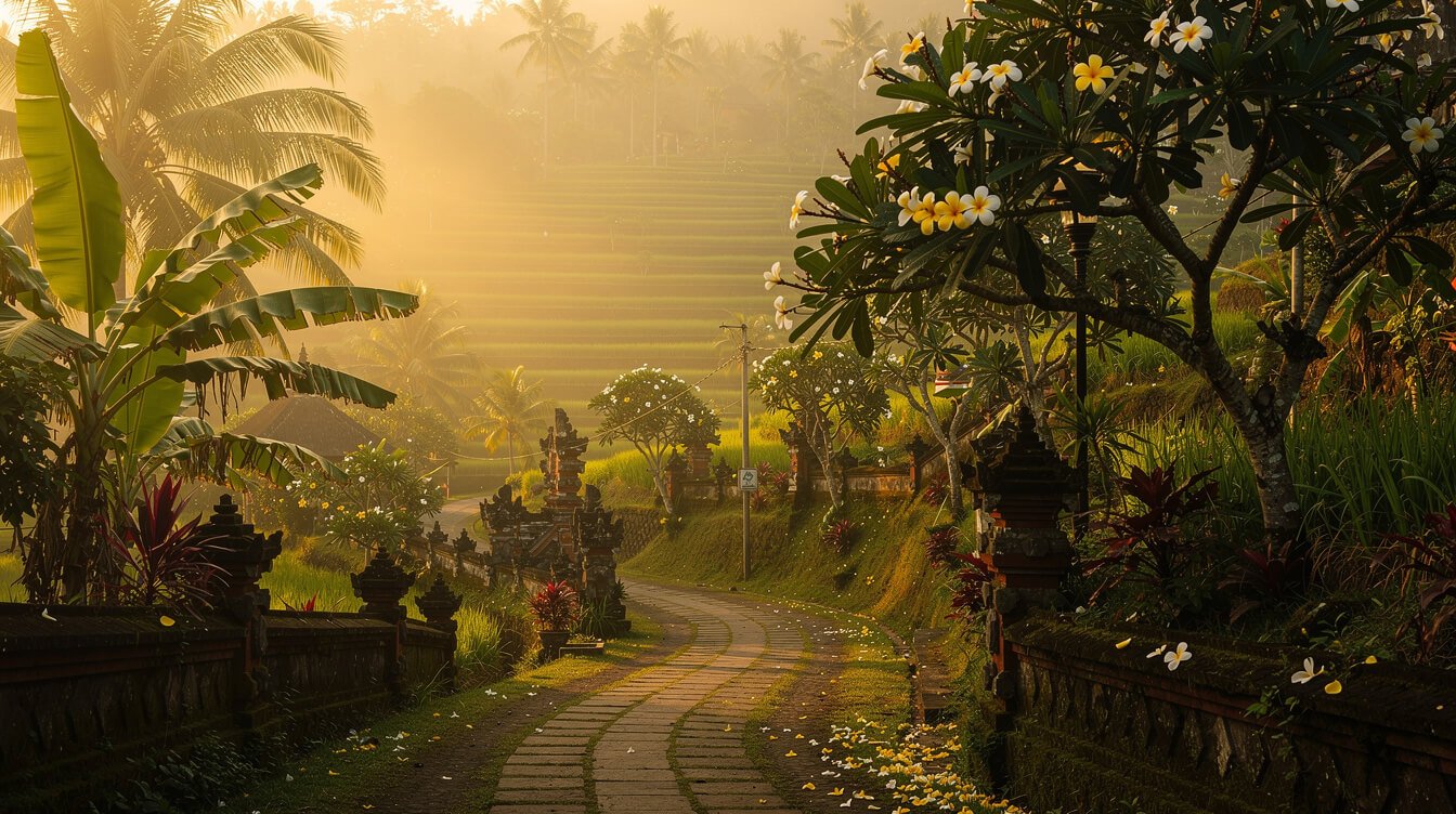 Warm morning mist over Ubud rice terraces