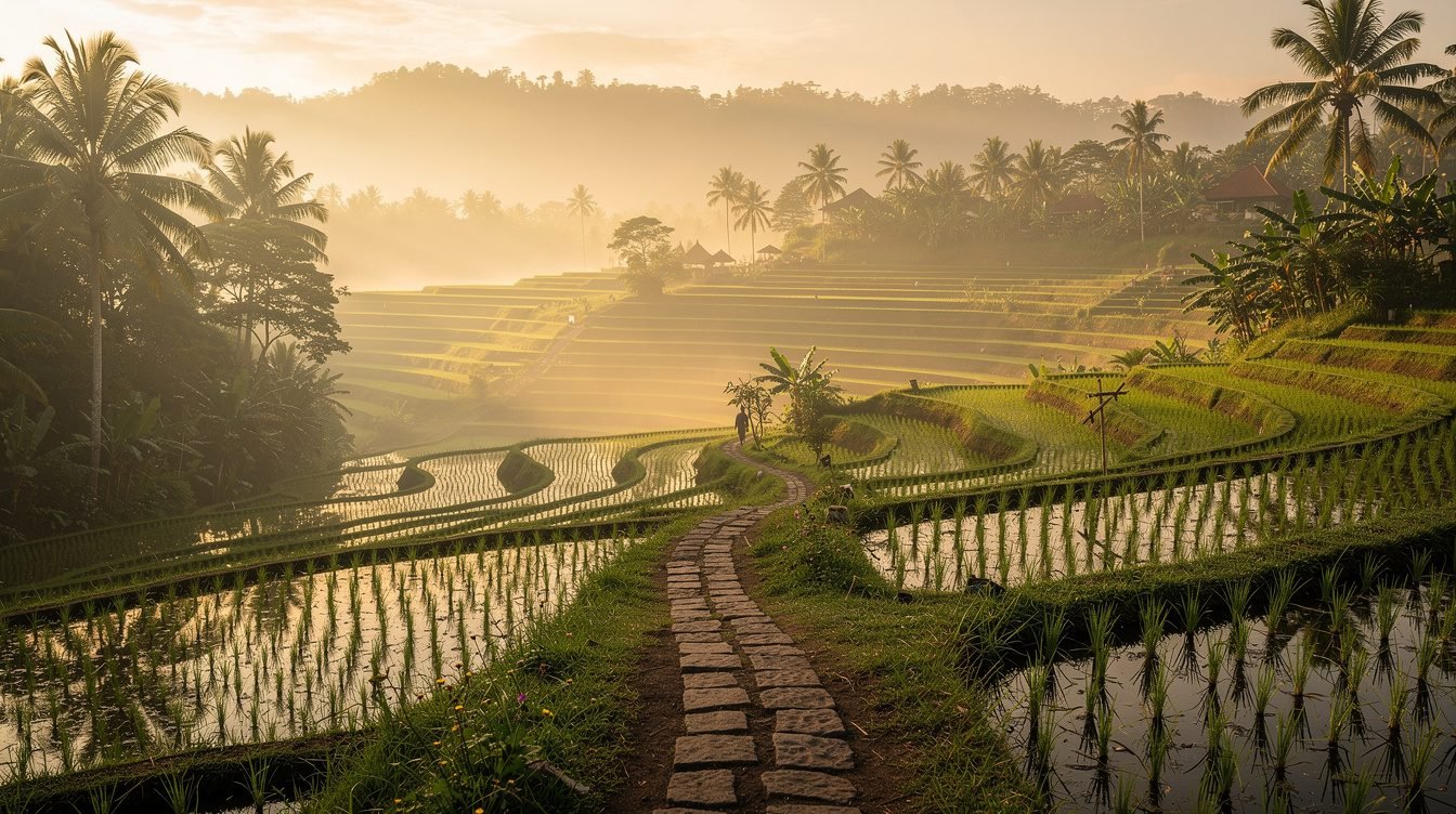 Ubud rice terraces at dawn with golden mist