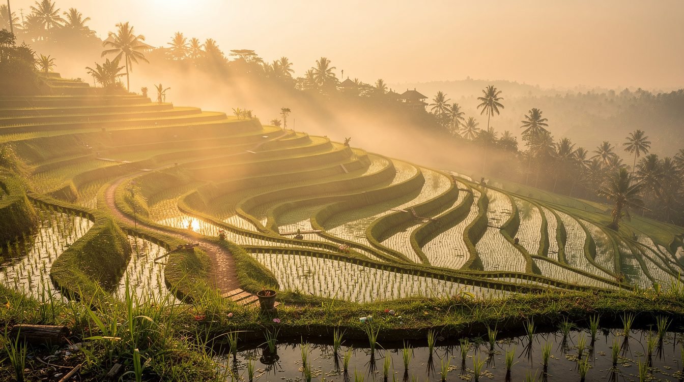 Ubud rice terraces morning mist