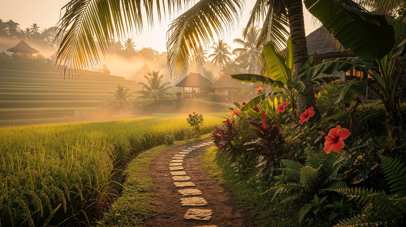 Golden mist rising over Ubud rice terraces at dawn