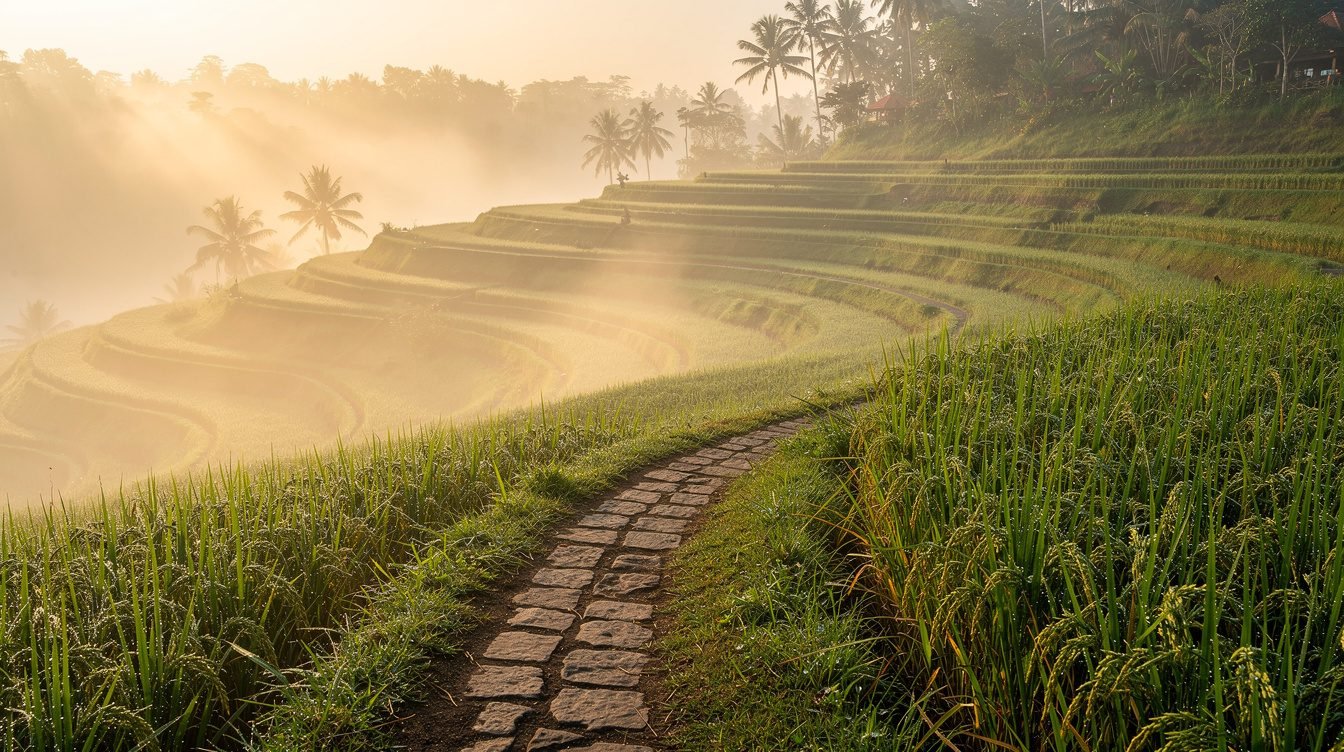 Misty Ubud morning rice terraces with golden light and footpath