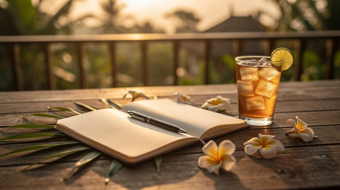 Open notebook on a Bali villa terrace at sunset
