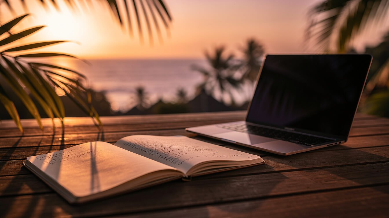 Bali sunset deck notebook travel planning