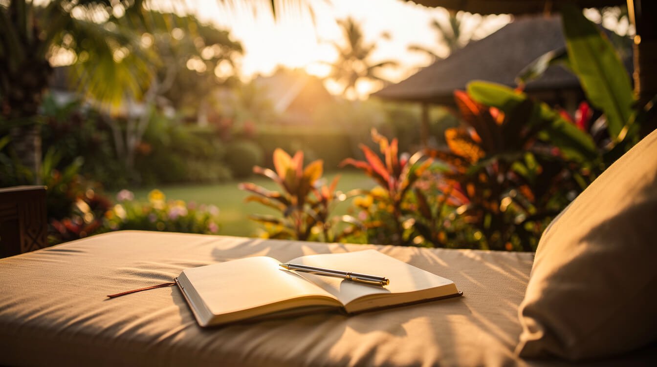 Notebook on daybed overlooking tropical garden sunset Bali