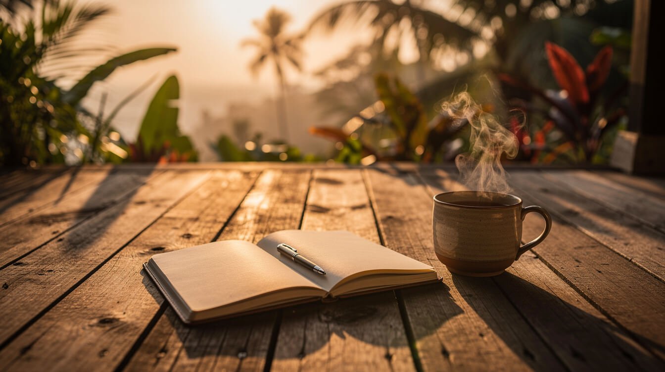 Notebook and tea on a Bali sunset deck