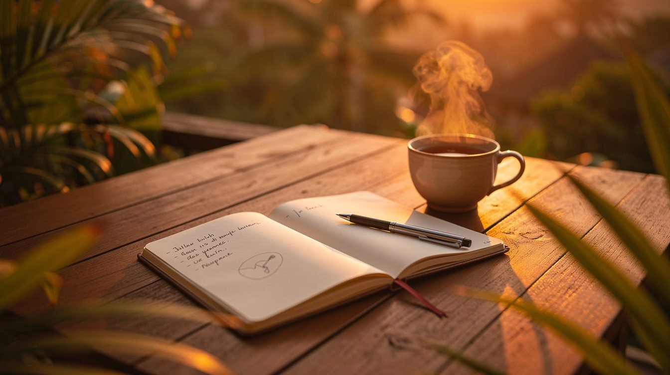 Open notebook on a wooden Bali terrace with tropical leaves and tea
