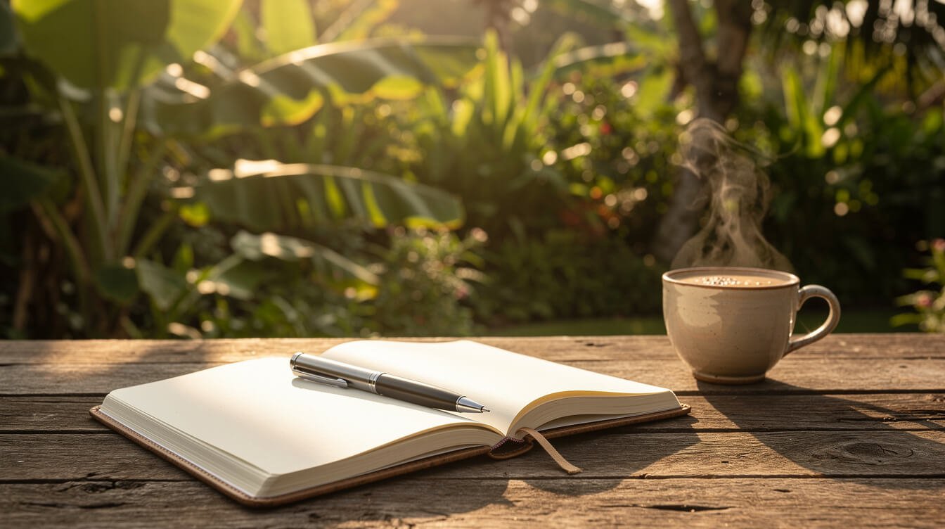 Tropical notebook with coffee and garden