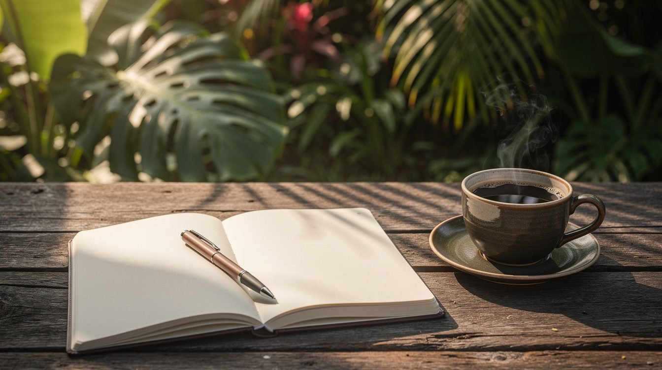 Open notebook beside tropical garden with morning coffee