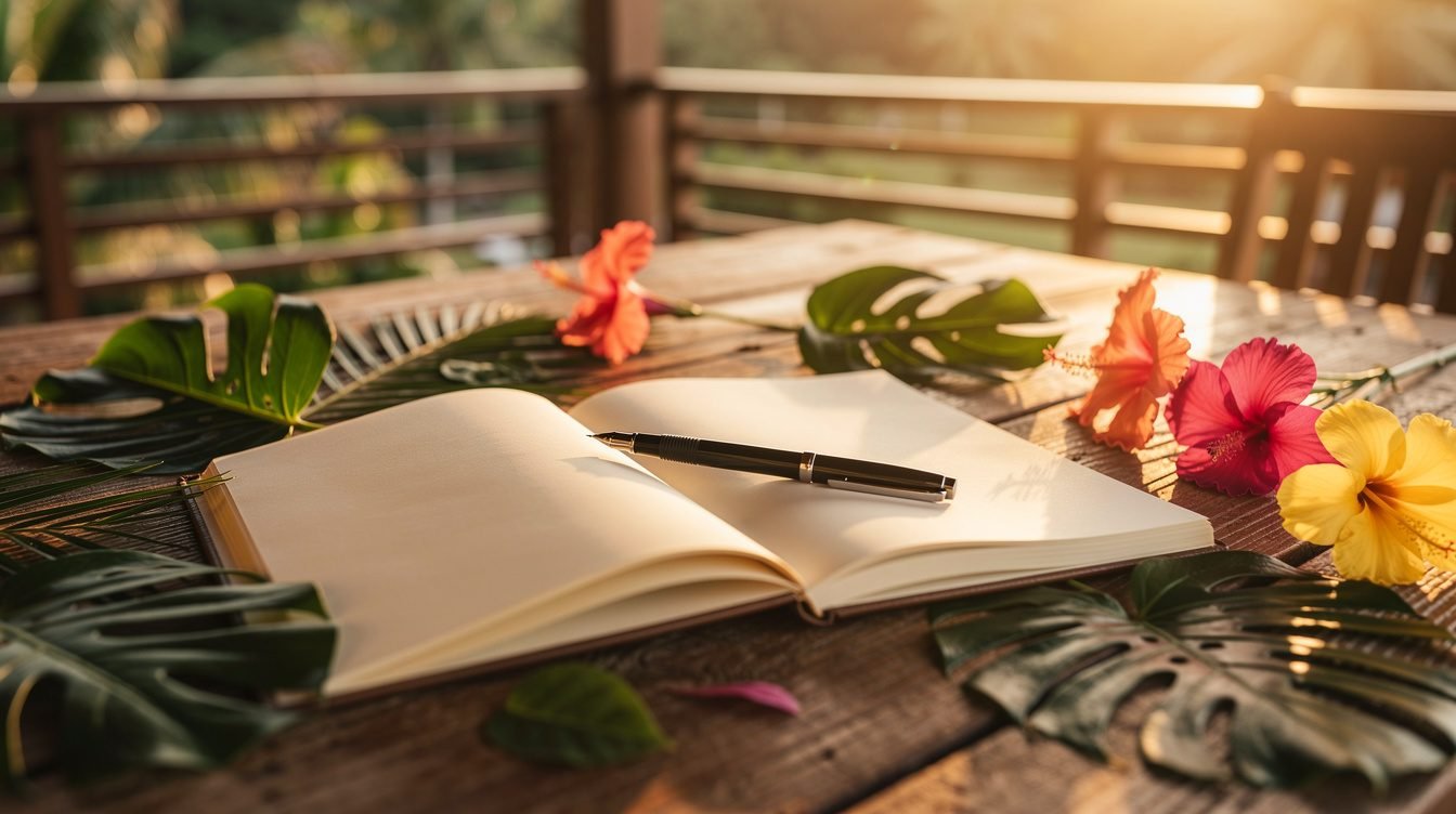 Notebook on tropical terrace sunset
