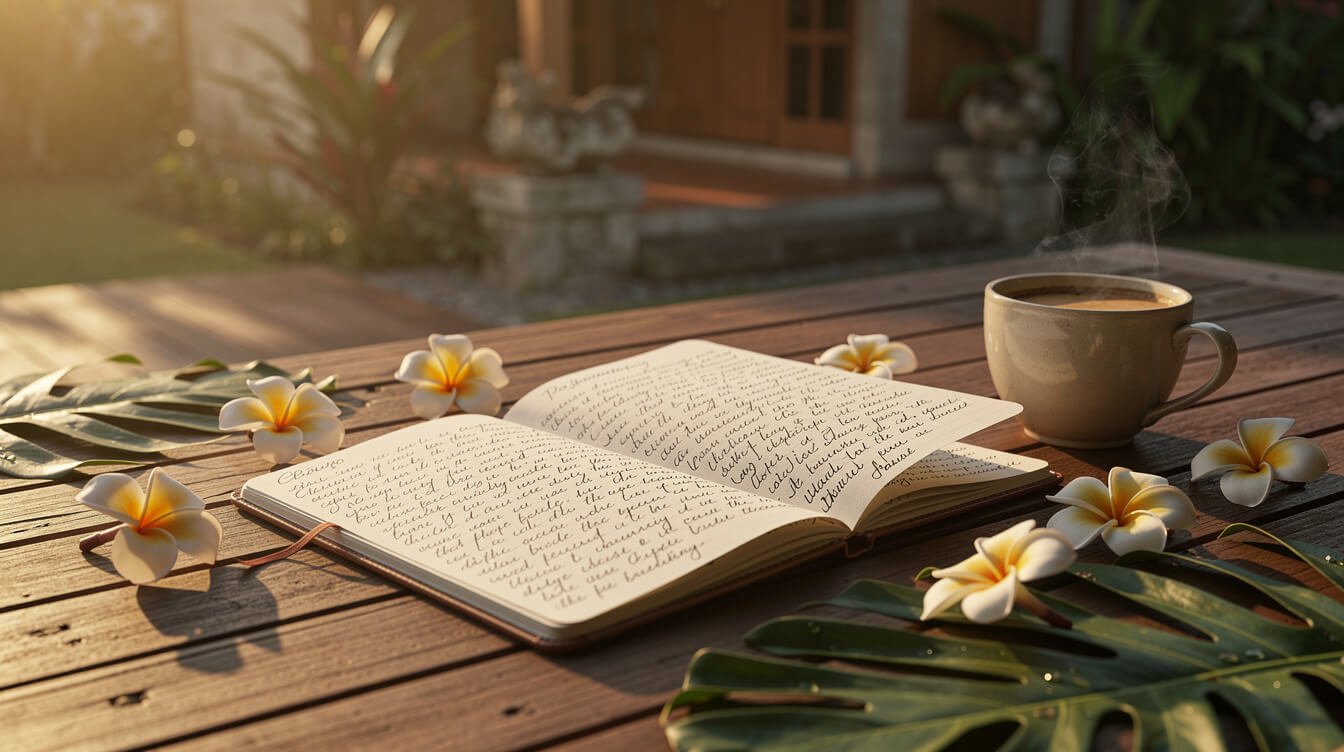 Open notebook on wooden deck with tropical leaves and Balinese coffee