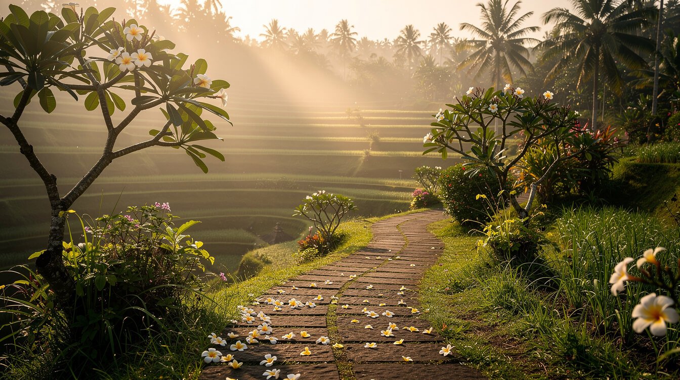 Warm Ubud morning rice terraces with frangipani trees