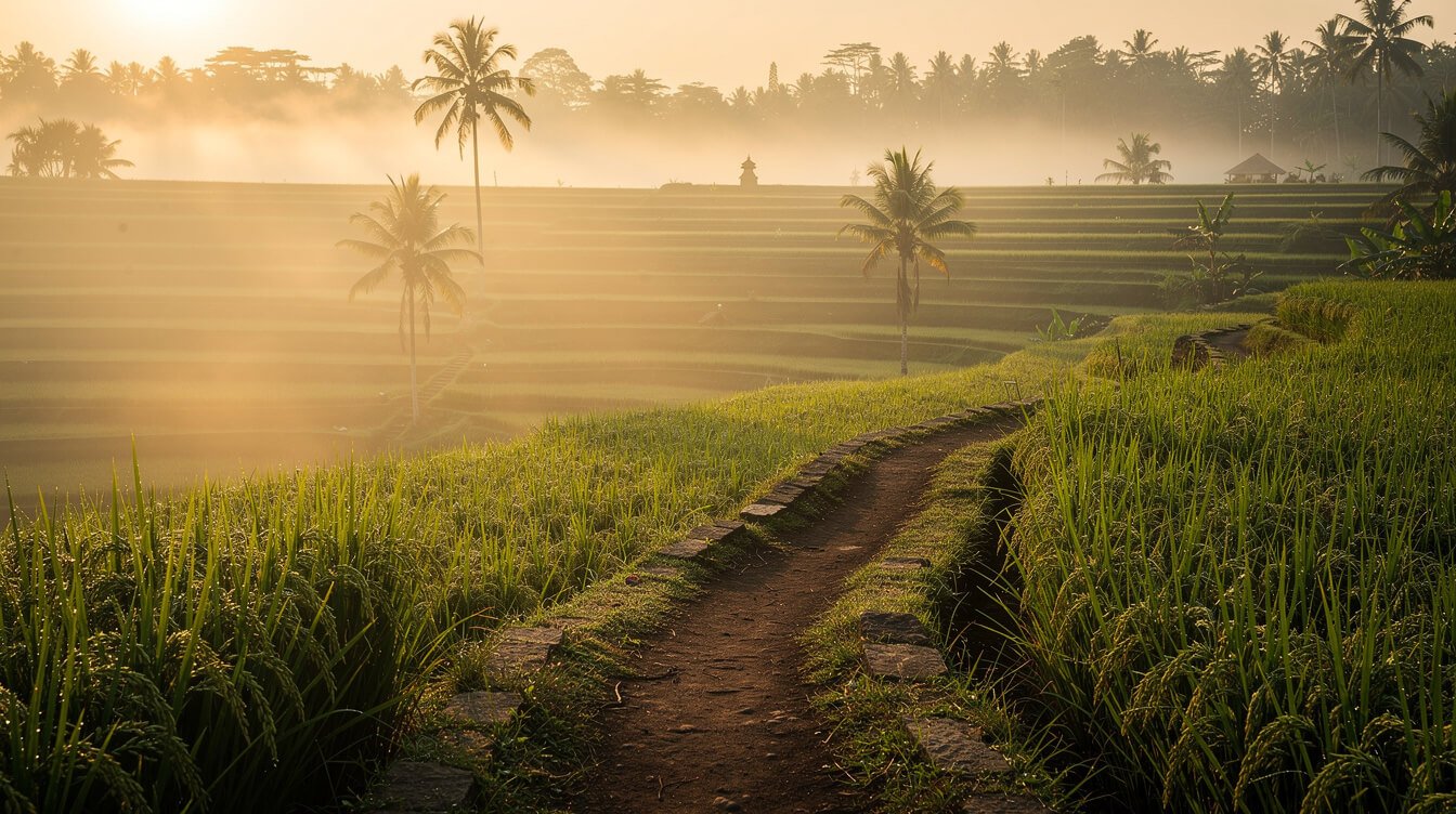 Ubud rice terraces at sunrise with morning mist