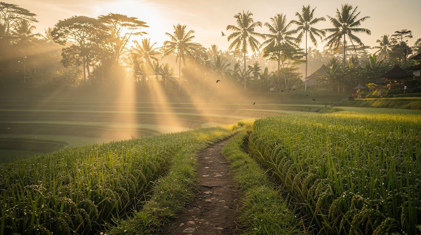 Warm Ubud morning sunrise over rice terraces