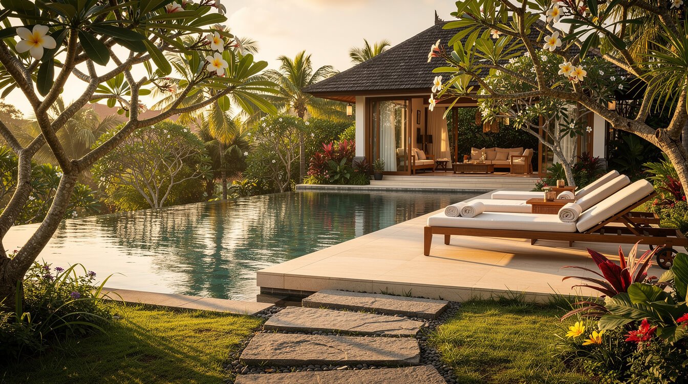 Villa Amrita pool deck surrounded by tropical garden