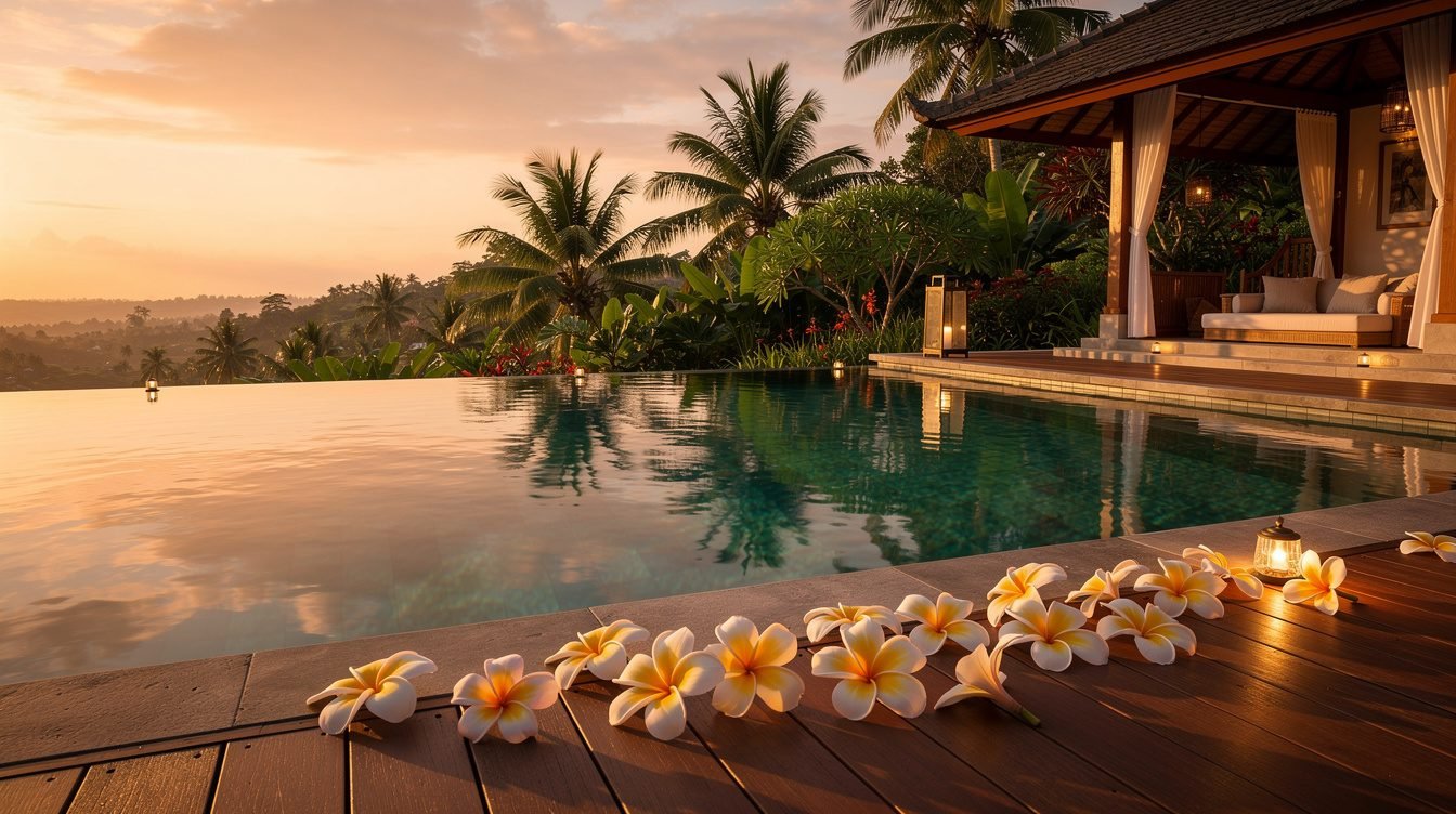 Villa pool deck at golden hour in Ubud